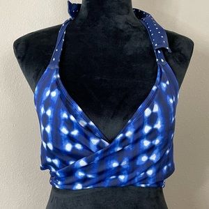 Athleta Mashiko Wrap halter Bikini Top Swimsuit bra cup Blue Tie Dye sz 32D DD